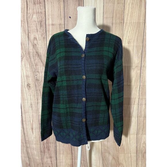 Vintage Victoria Jones Petites Plaid Cardigan Green & Black Size PM - Picture 2 of 9
